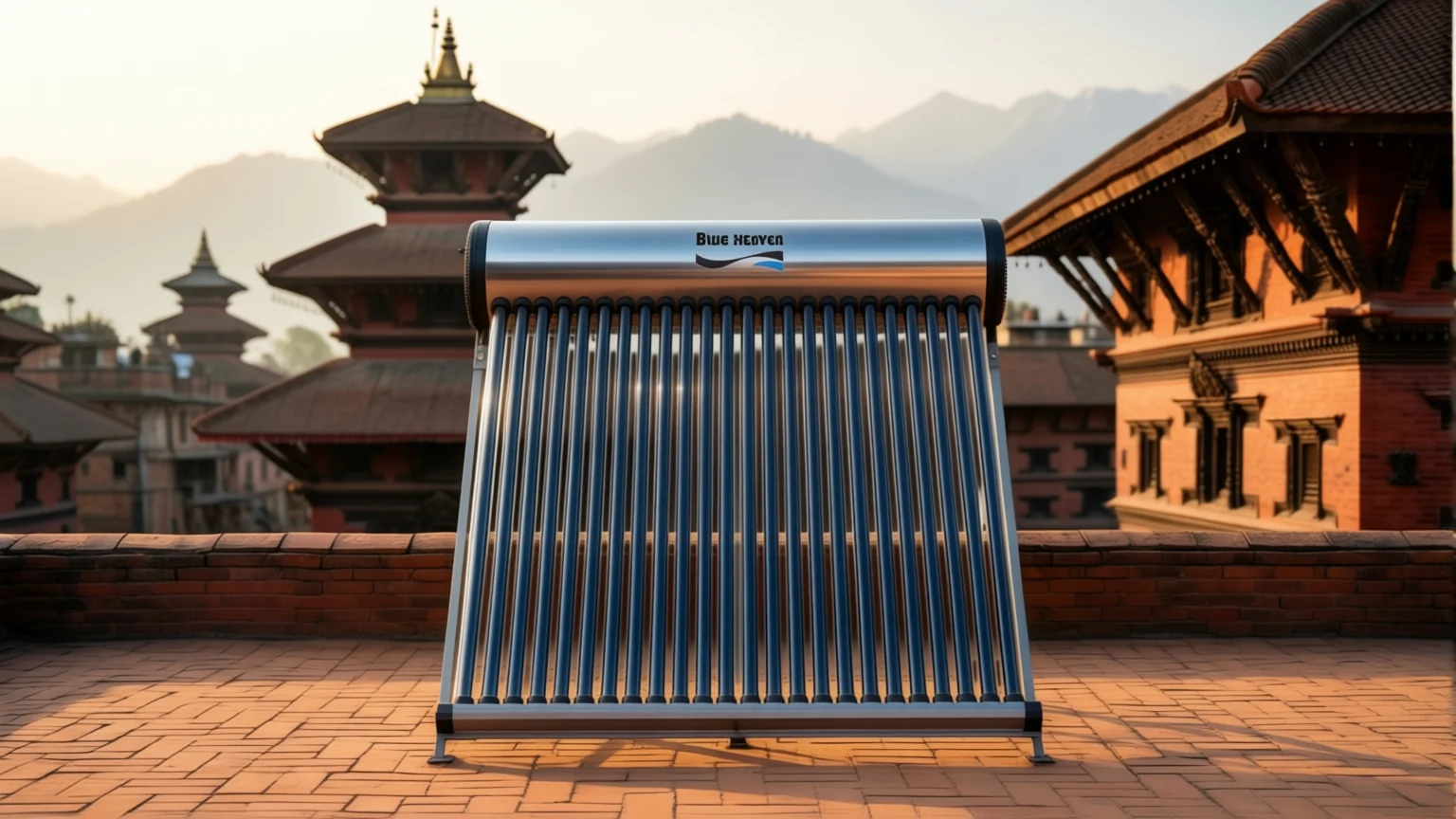 A Blue Heaven solar water heater on a brick rooftop with Nepali temples behind