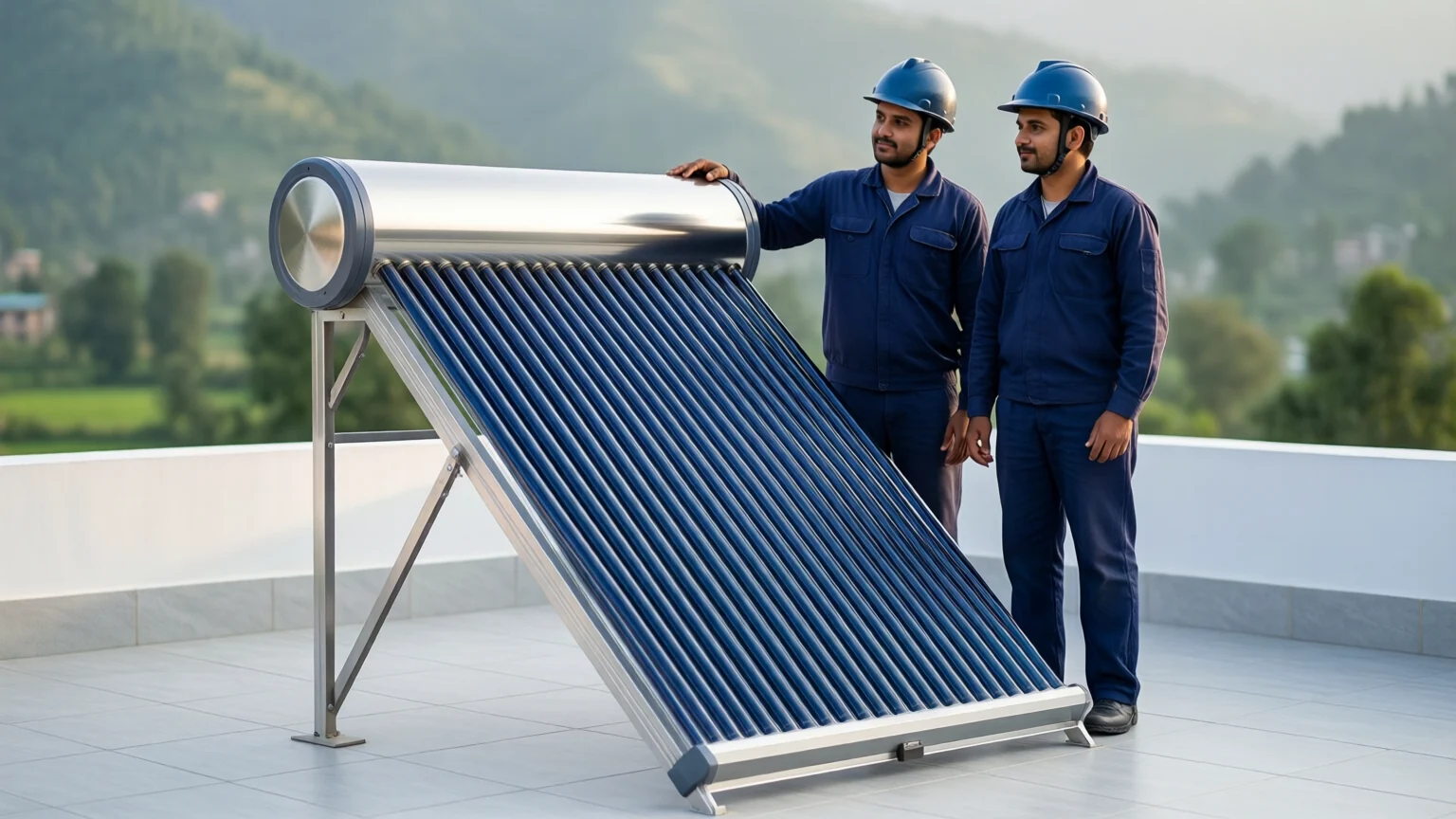 Two installers in blue overalls and blue helmets standing beside a solar water heater on a rooftop, green hills behind