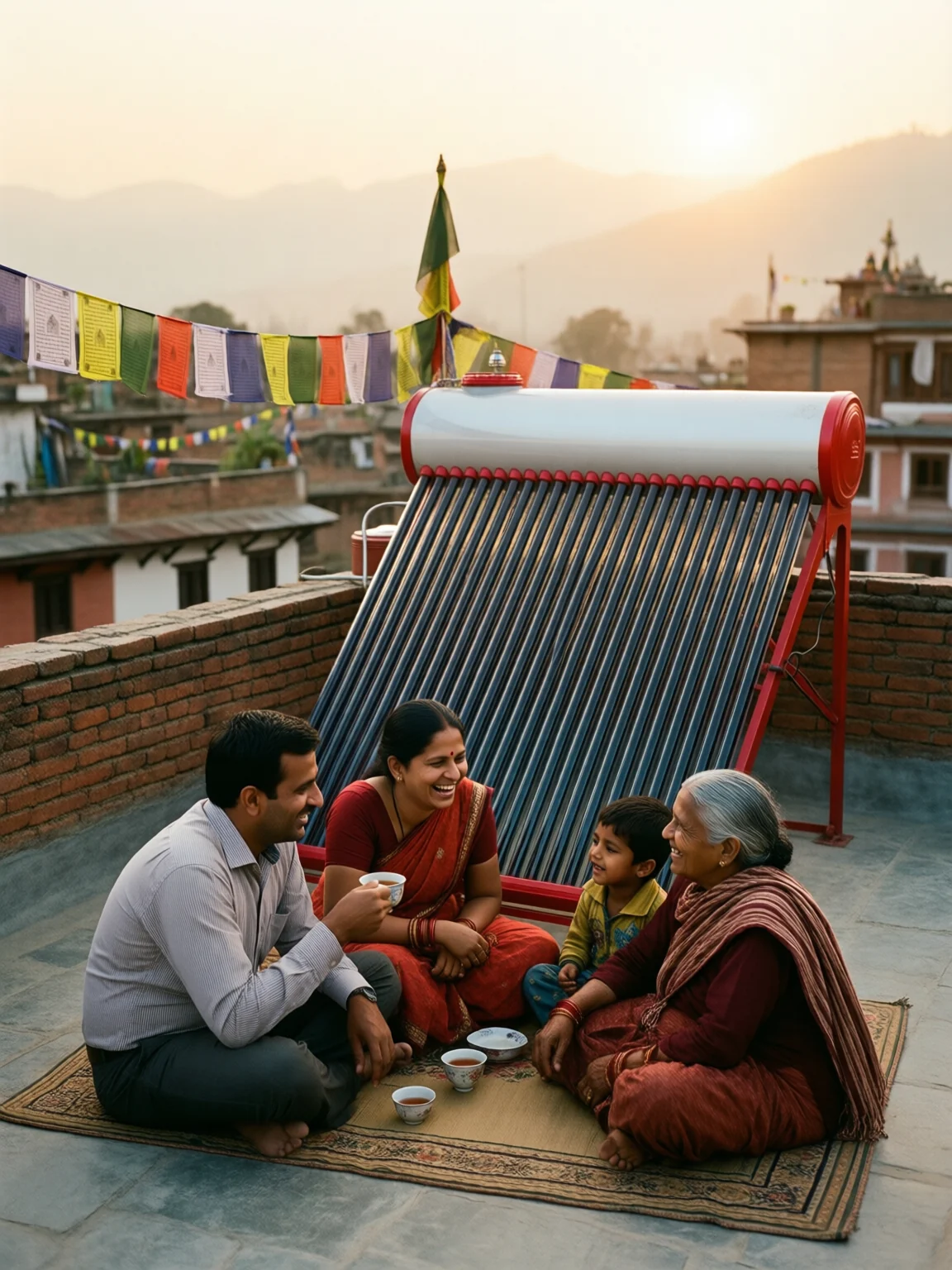 A Nepali family having tea on a rooftop at dusk beside a solar water heater, with prayer flags above