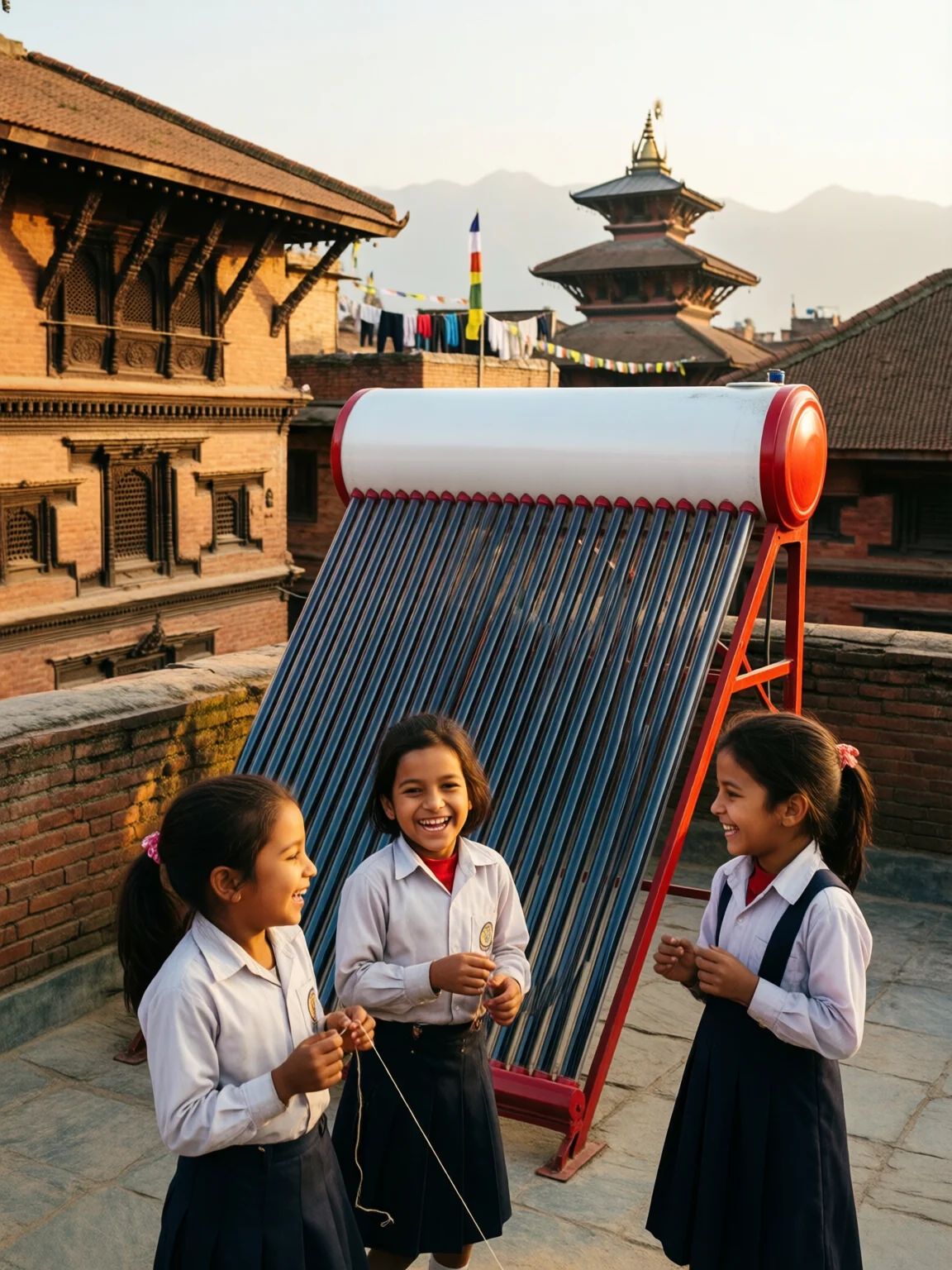Three schoolgirls laughing on a rooftop beside a solar water heater, with the old temples of Patan behind