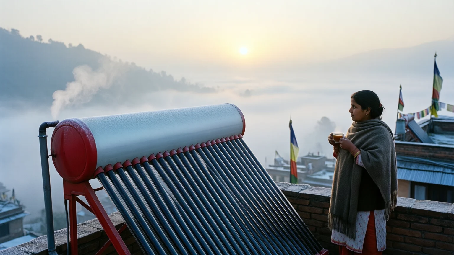 A woman in a shawl holding a cup of tea on a foggy winter morning beside a solar water heater