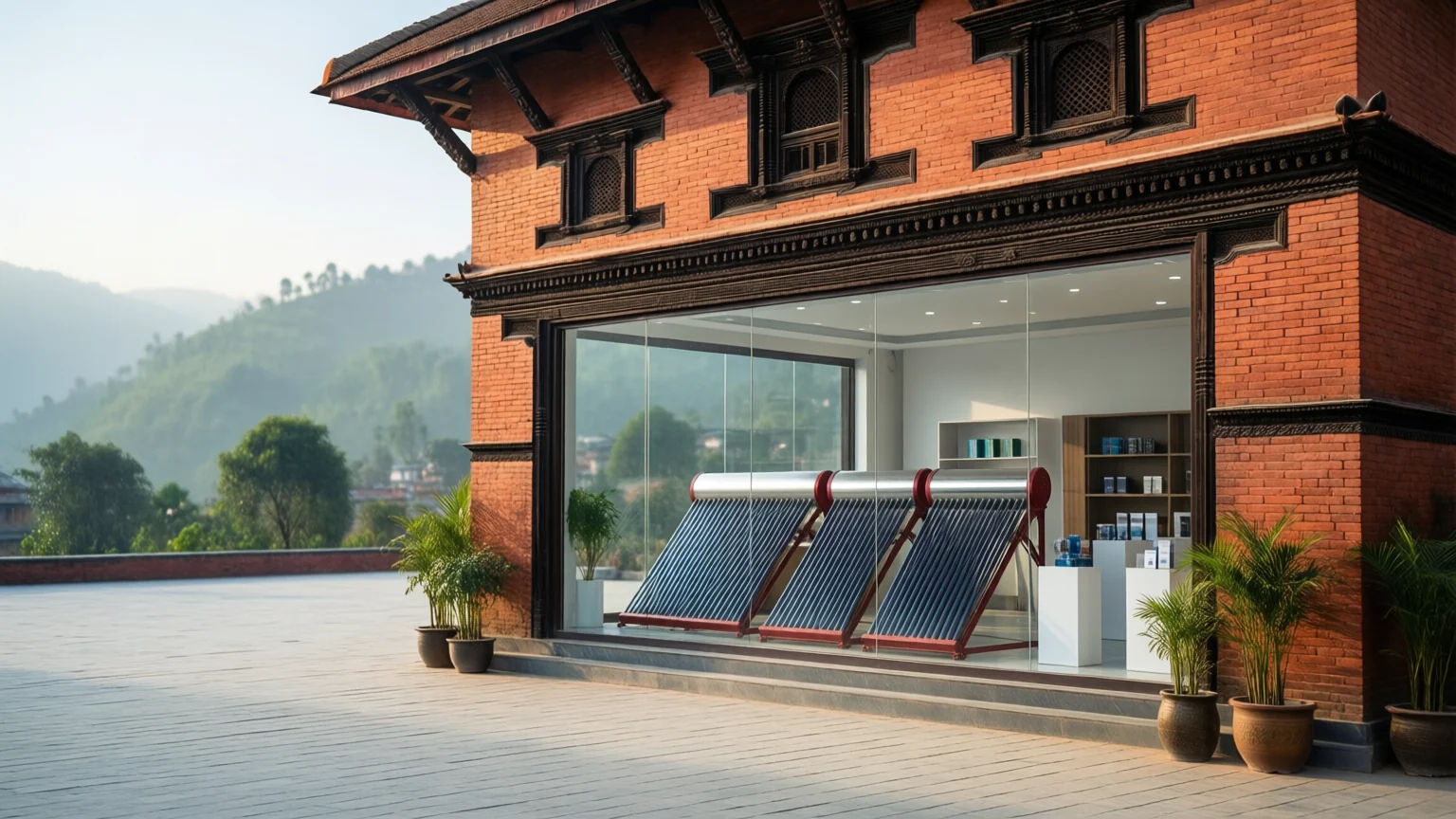 A traditional red-brick Newari-style showroom with solar water heaters on display behind a glass front