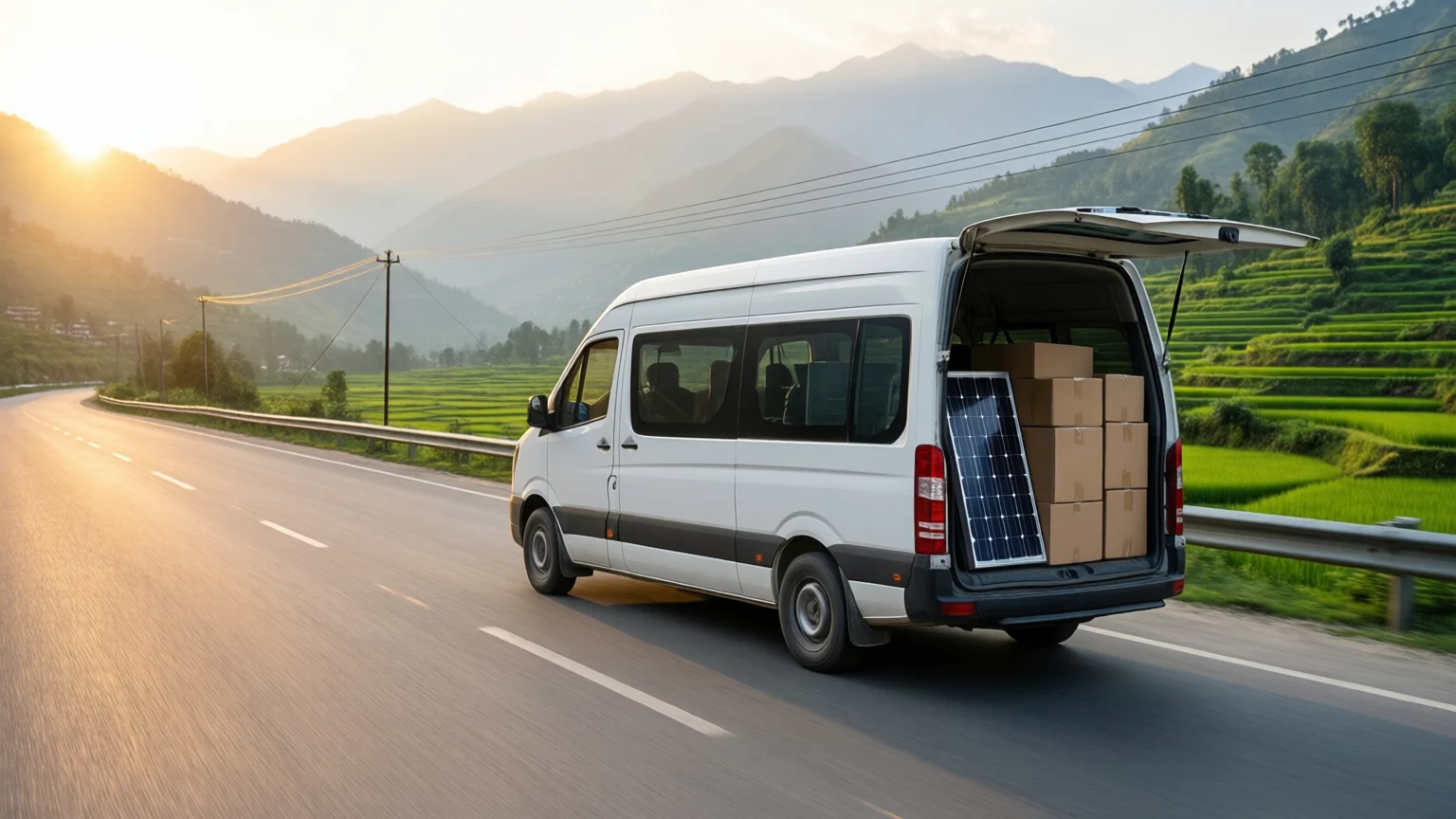 A white delivery van carrying boxes and a solar panel on a hill road above green terraced fields at sunrise