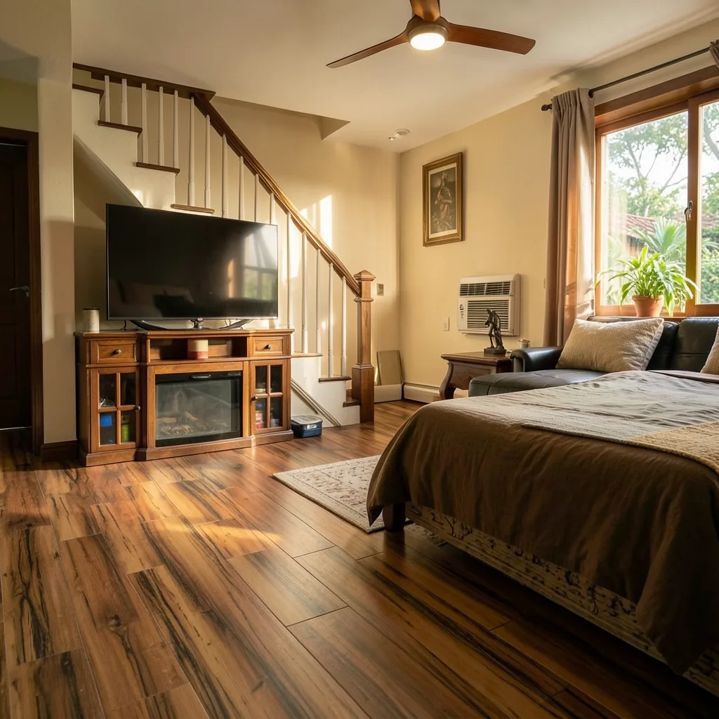 A sunlit room with a TV unit, a bed and a rich wood-look 12mm laminate floor
