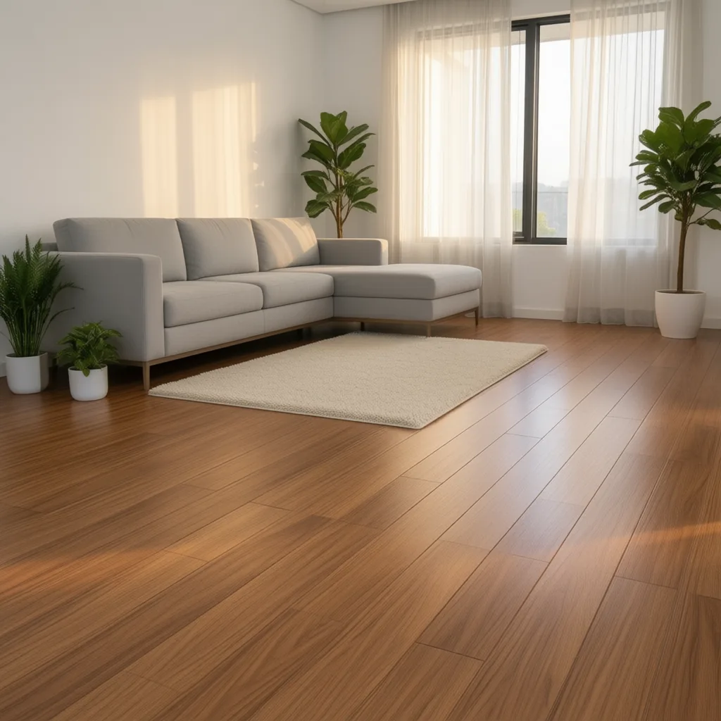 Living room with grey sofa and a loose 8mm laminate plank lying on a warm wood floor