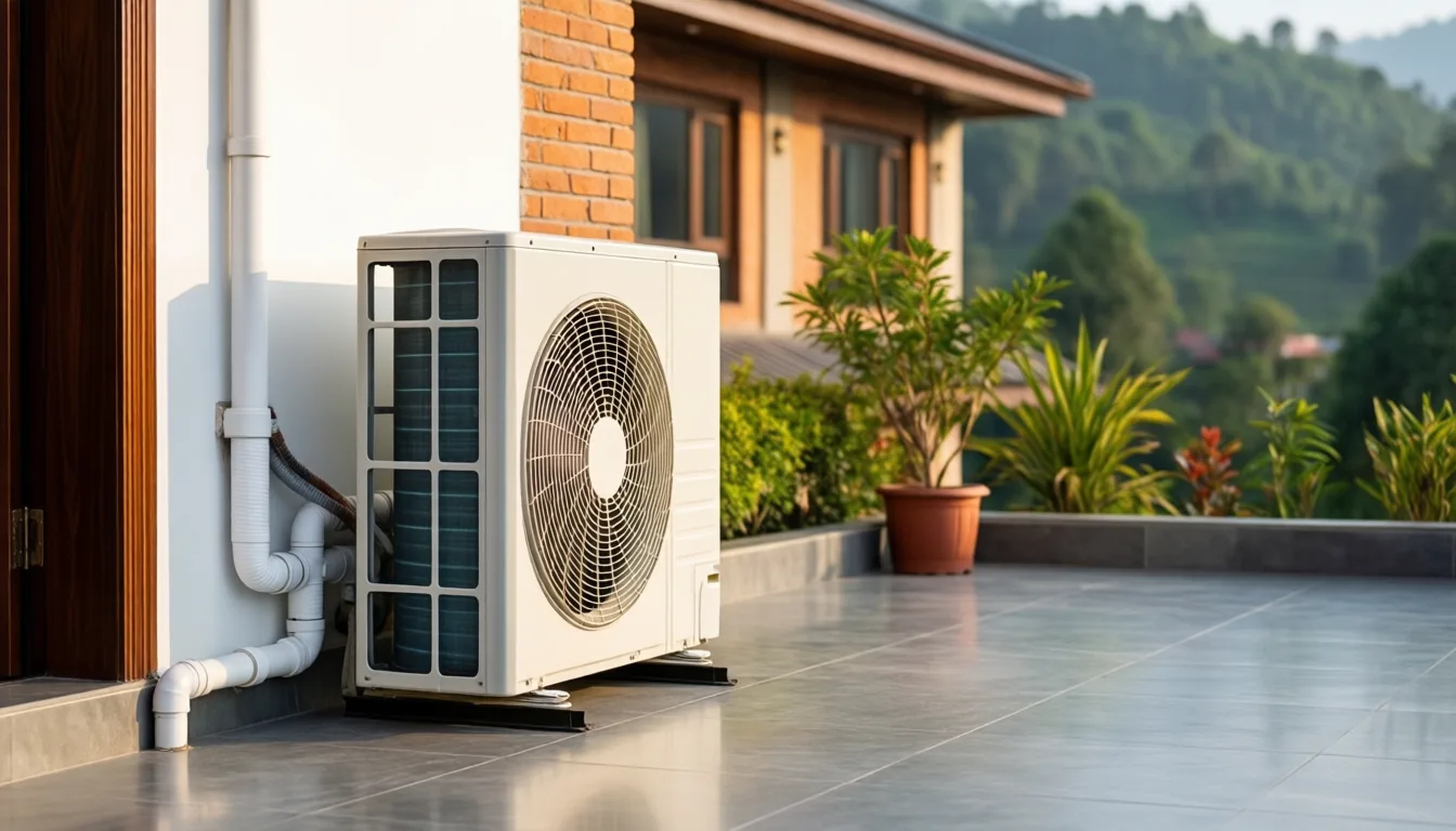 An air-source heat pump unit with its fan grille on a terrace beside a brick house, with plants and green hills behind