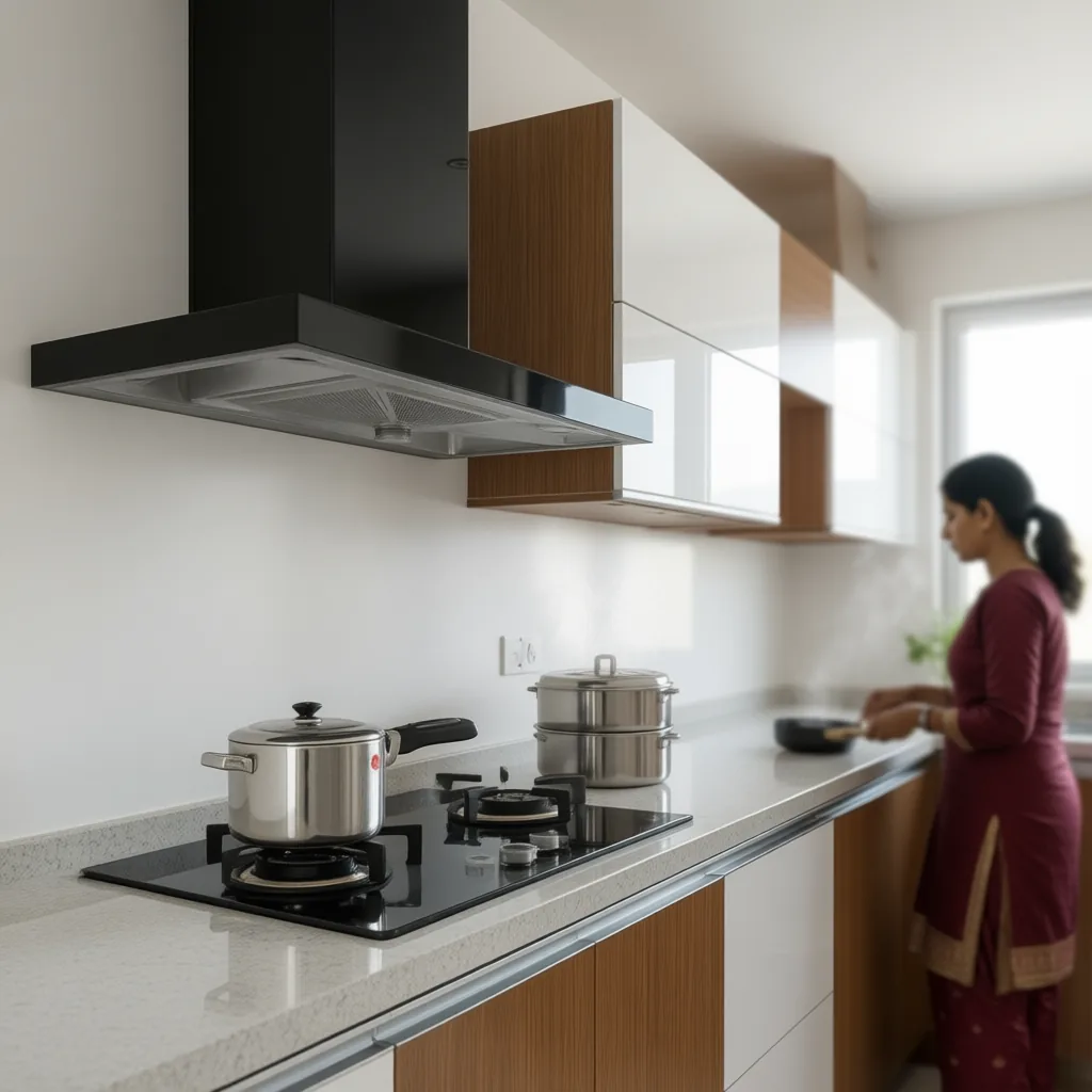 Woman stir-frying at a gas stove beneath a black kitchen chimney, steam rising