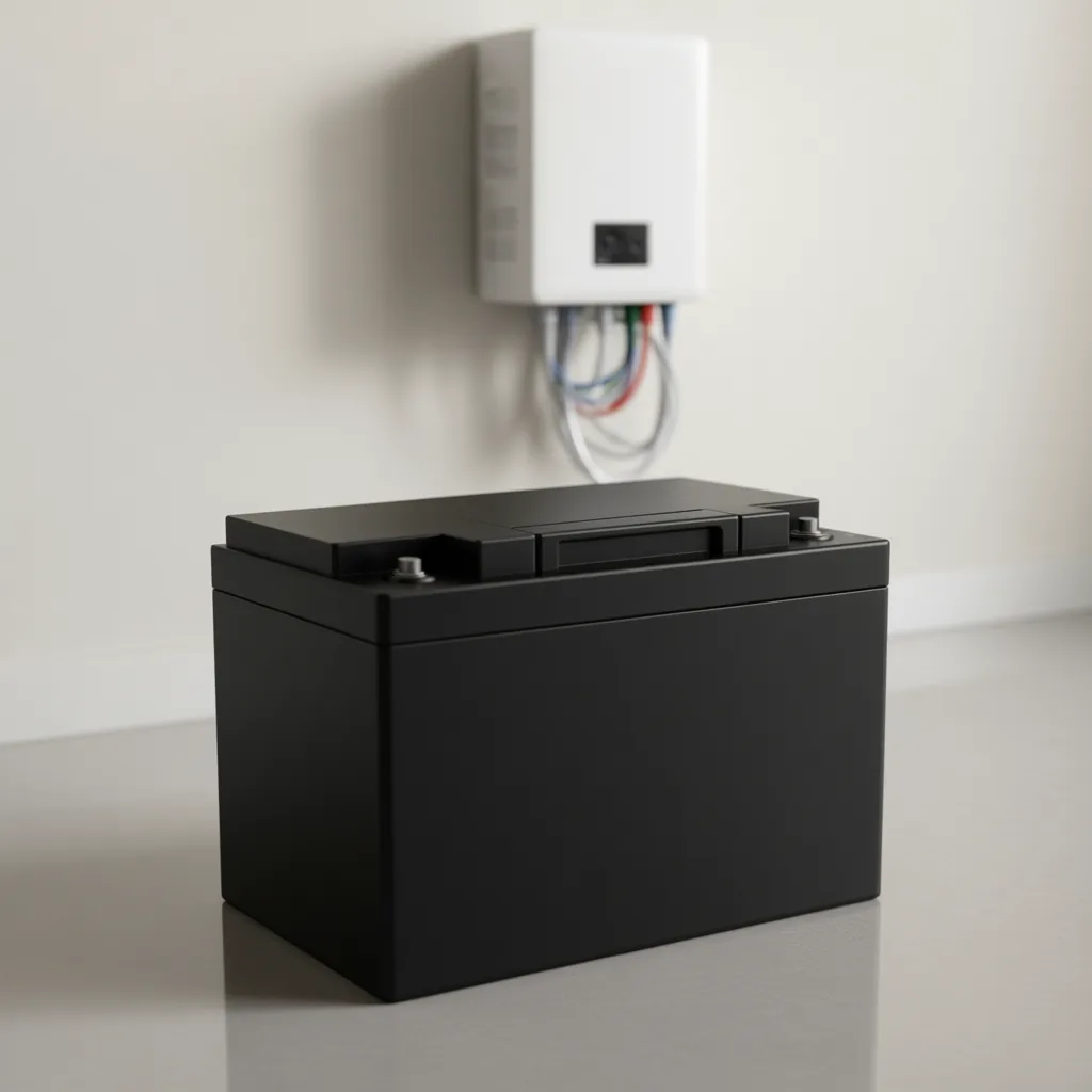 Black lithium battery on a white shelf beside a bright window
