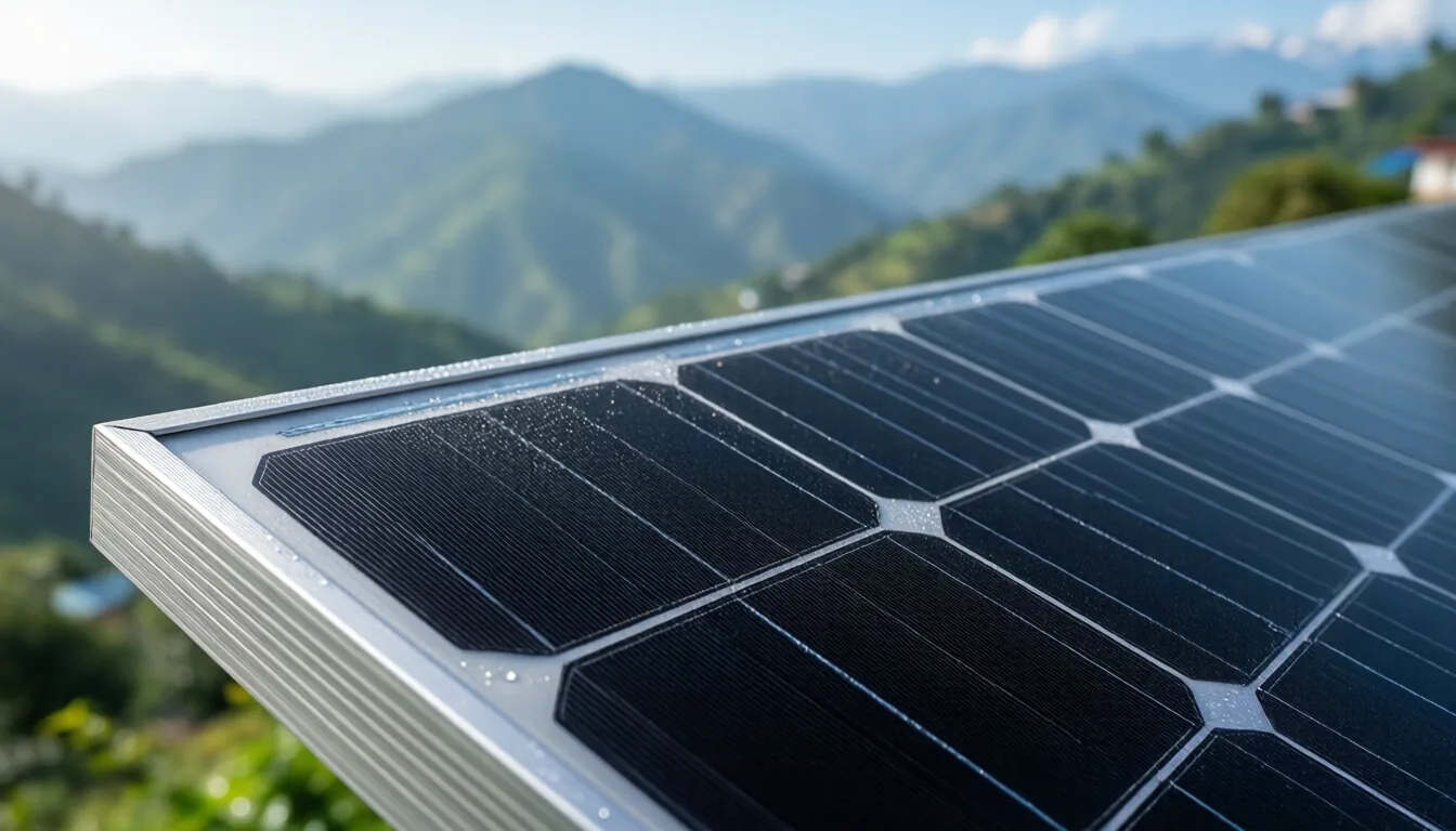 Close-up of a monocrystalline solar panel in an aluminium frame with green Himalayan foothills behind