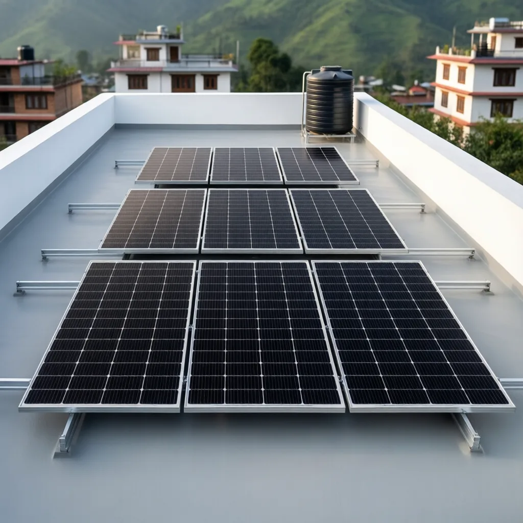 Solar panels on a hotel rooftop overlooking a lake and green hills