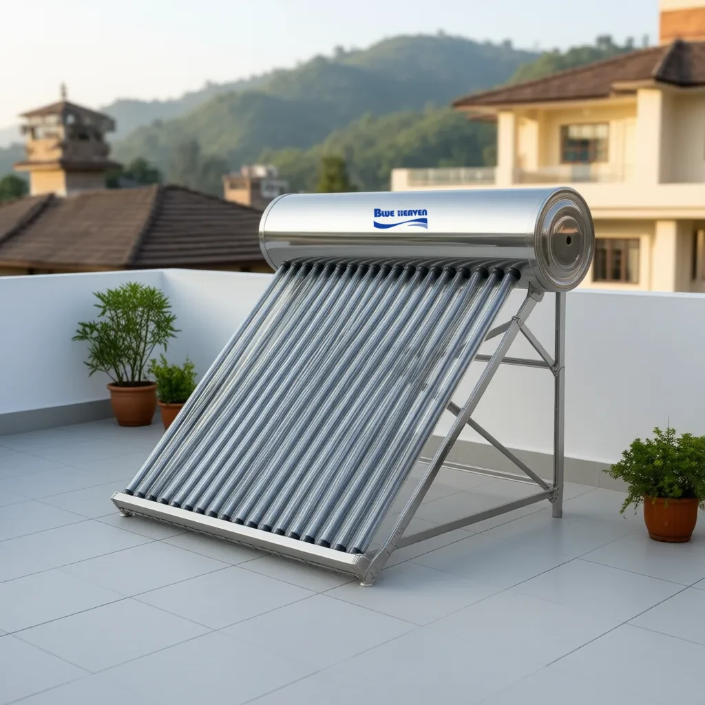 A Blue Heaven solar water heater with evacuated glass tubes and a steel tank on a white rooftop terrace, with houses and green hills behind