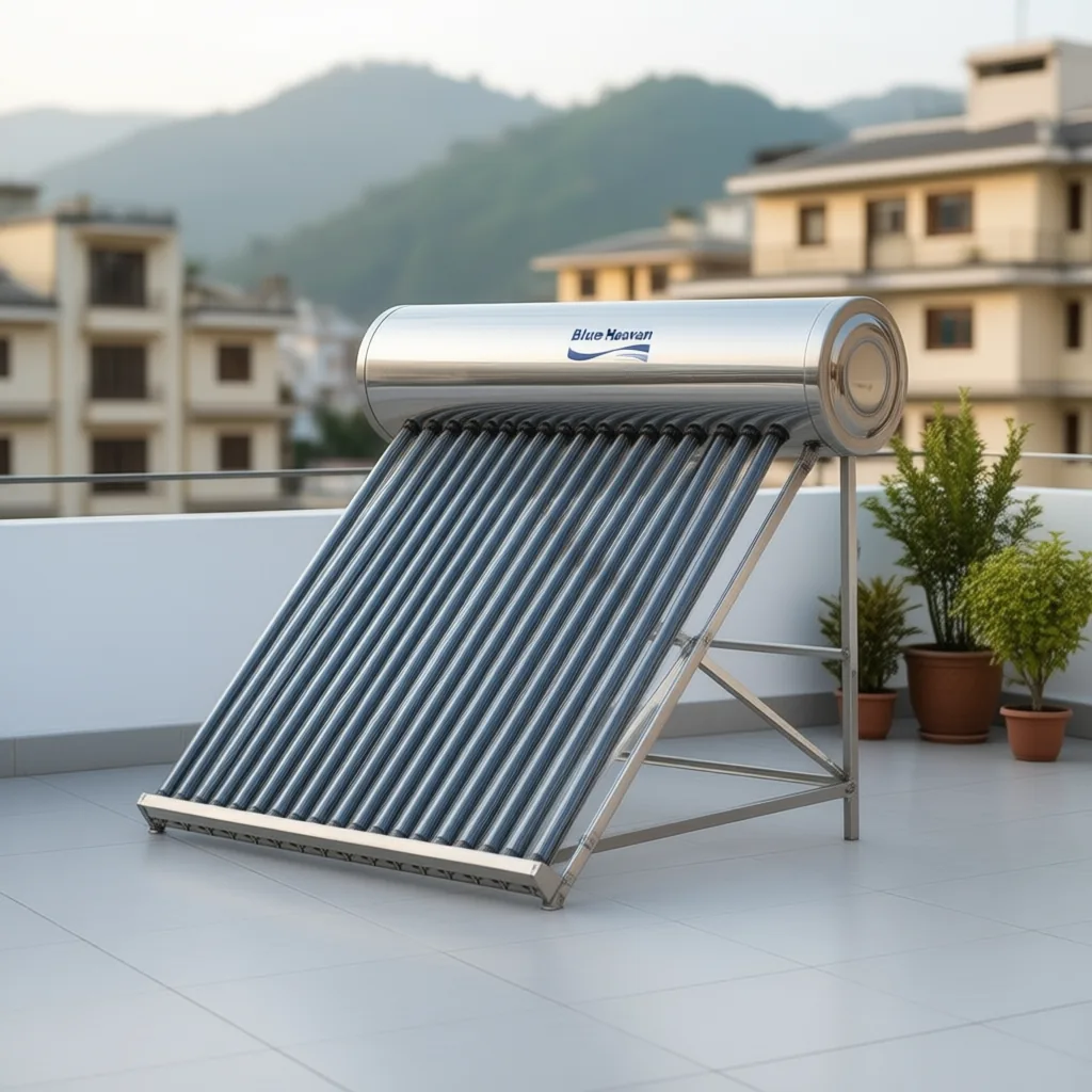 Evacuated tube solar water heater with white tank and red frame on a rooftop, snow mountains behind