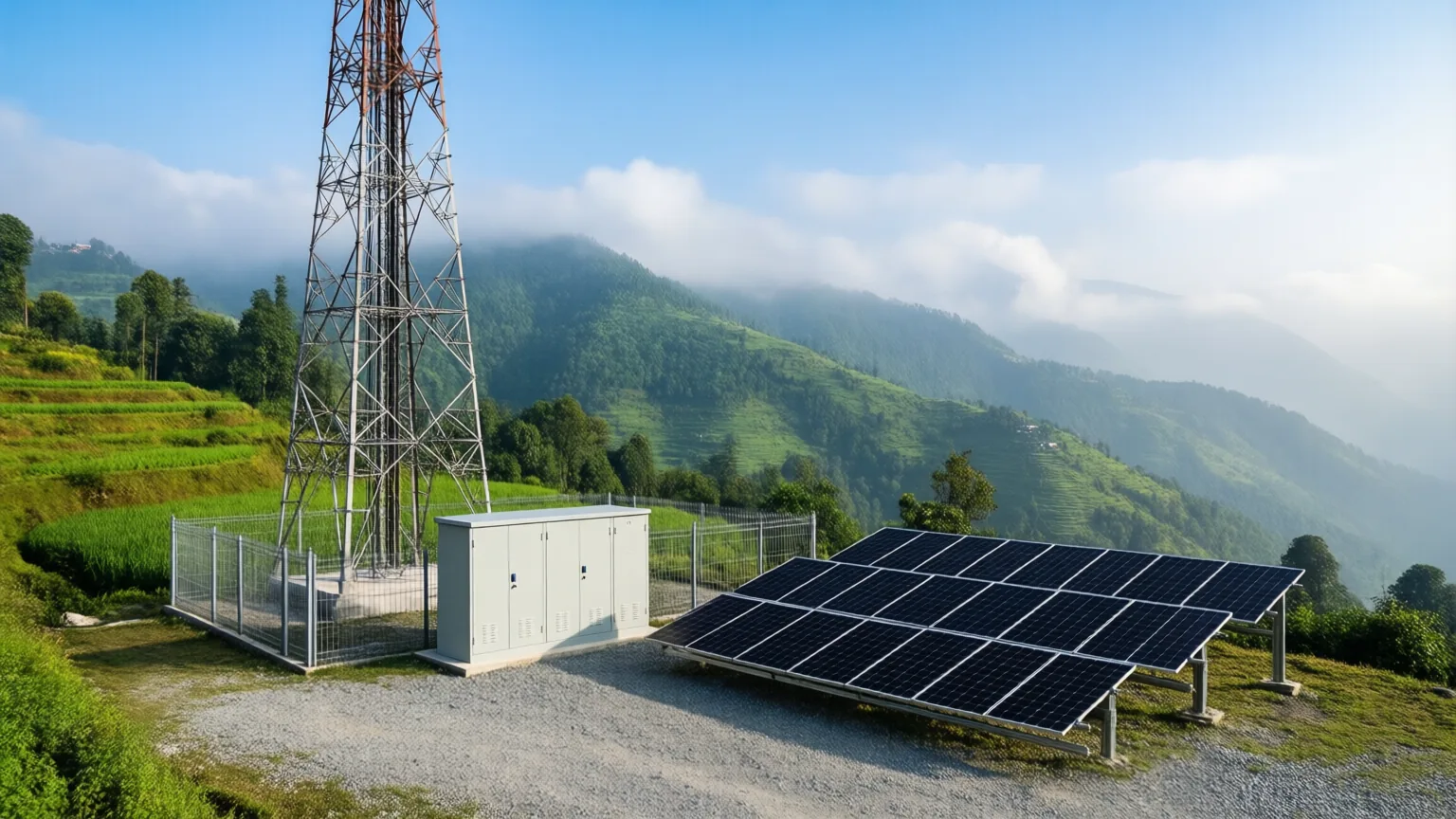 A telecom tower site powered by solar and batteries