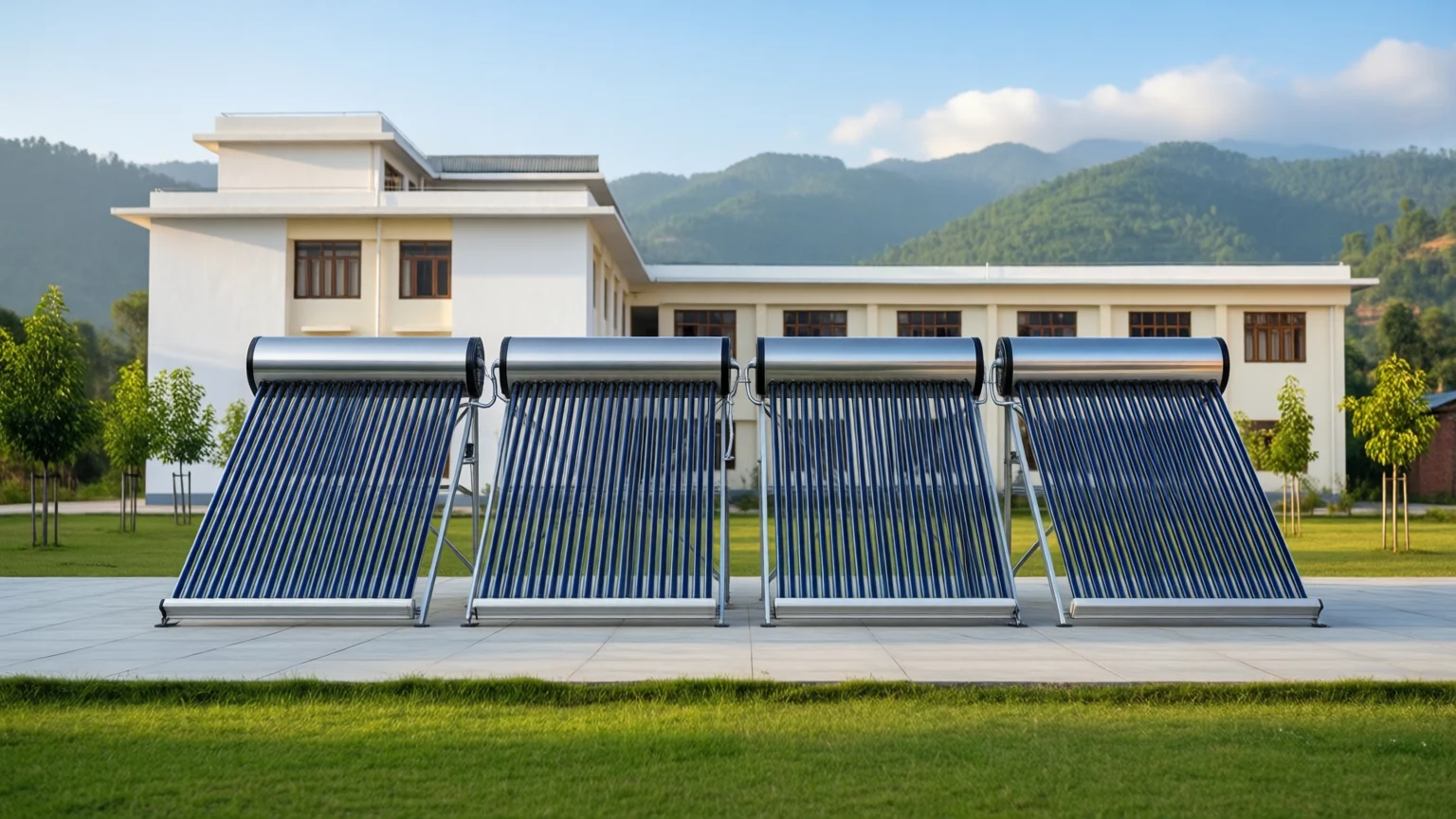 Four solar water heaters on a paved area in front of a white institutional building
