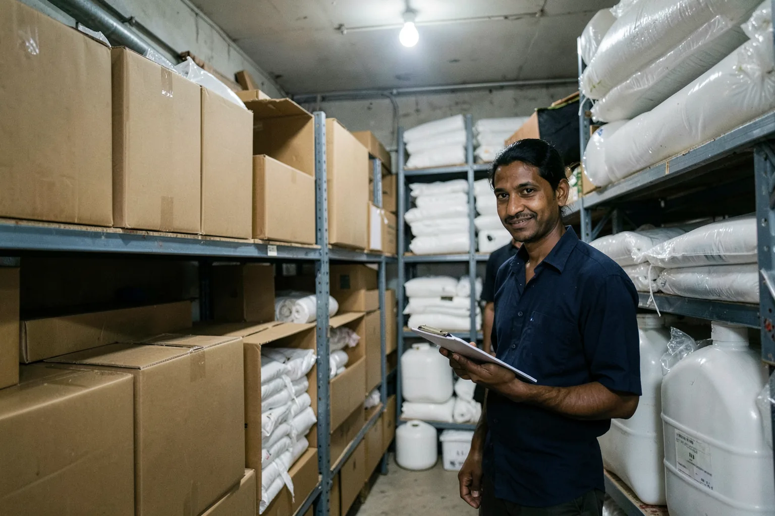 Smiling worker with a tablet in a stockroom of cartons and sacks on metal shelves
